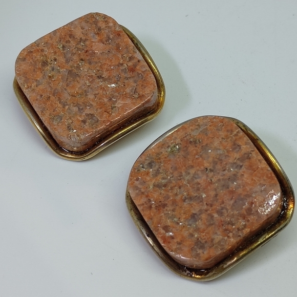 * vintage Orange Calcite stone square gold tone clip on earrings - Picture 1 of 5